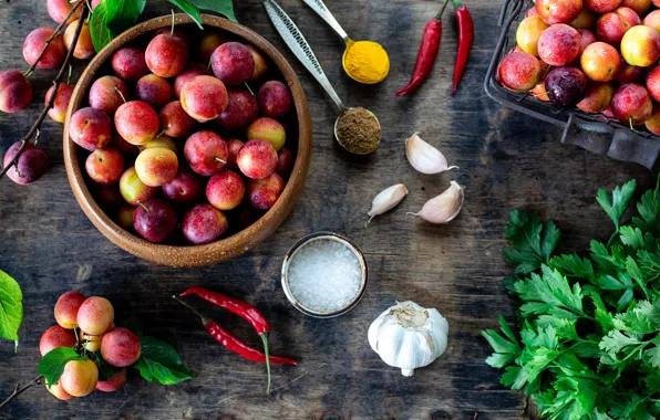 Greens, drops, Board, pepper, bowl, sharp, tray, plum