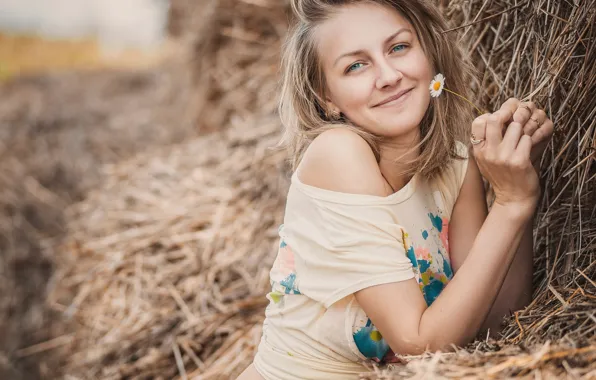 Girl, smile, chamomile, hay