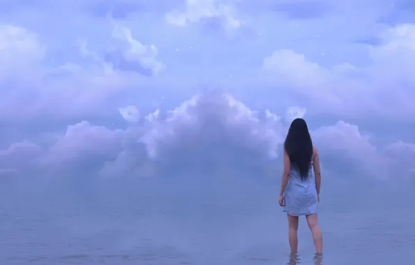Water, girl, clouds, stars, Kylie Woon