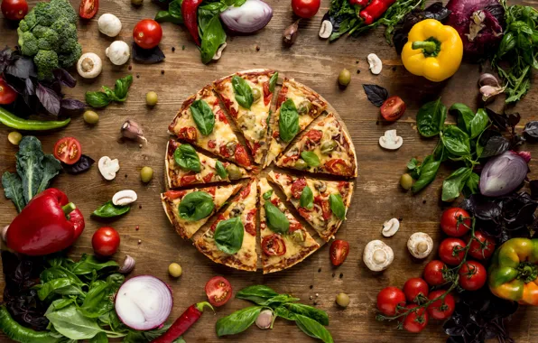 Mushrooms, cheese, bow, pepper, vegetables, pizza, tomatoes, wood