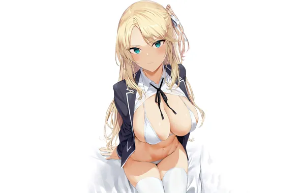 Girl, sexy, lingerie, bra, cleavage, panties, thighhighs, long hair