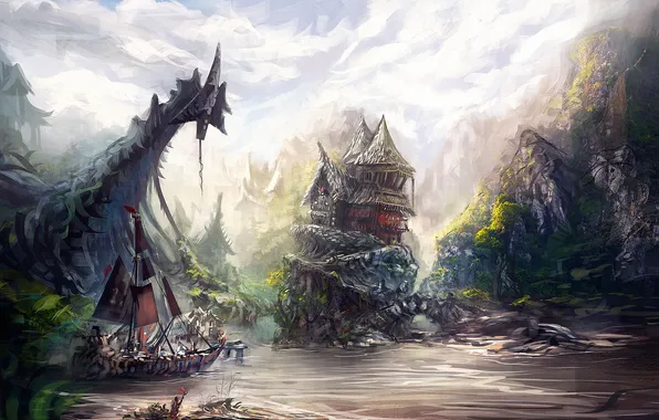 House, river, rocks, ship, art, sails, island