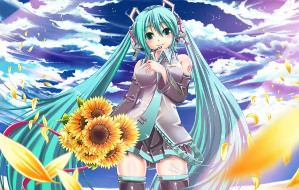 Picture girl, clouds, sunflowers, flowers, smile, headphones, vocaloid, hatsune miku