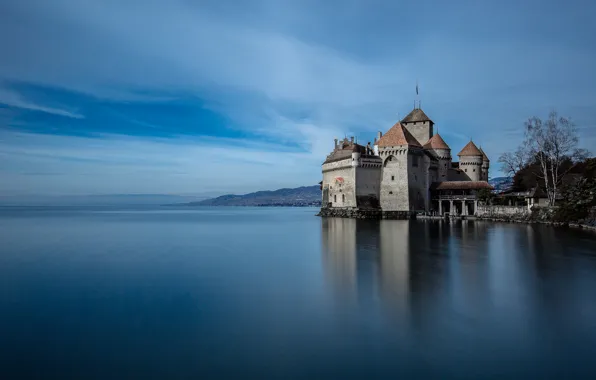 Lake, castle, tower, Switzerland, Chillon Castle, Silion