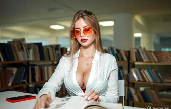Picture chest, girl, books, glasses, library, Dmitry Filatov, reader