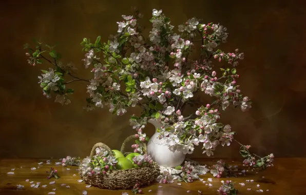 Picture branches, apples, spring, pitcher, fruit, still life, basket, Apple