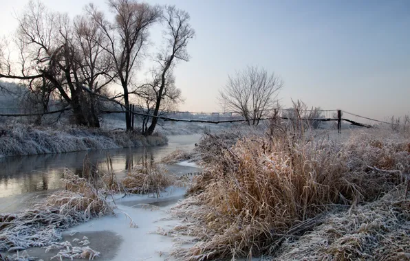 Frost, landscape, river, dawn