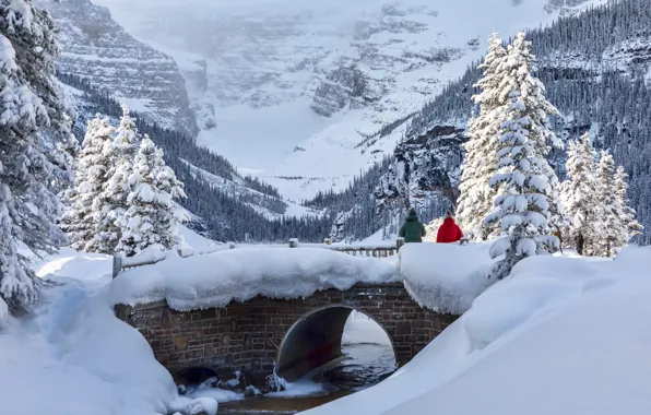 Picture winter, snow, trees, mountains, bridge, lake, people, ate