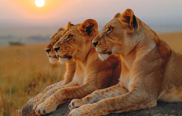 The sun, Dawn, Three, Digital art, Lioness, Big Cats, AI art, The Art of Artificial …