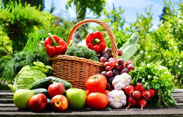 Picture nature, basket, apples, grapes, pepper, fruit, vegetables, tomatoes