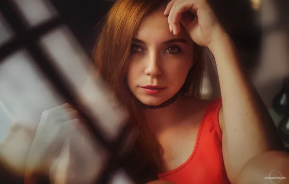 Pose, portrait, makeup, hairstyle, beauty, in red, redhead, bokeh