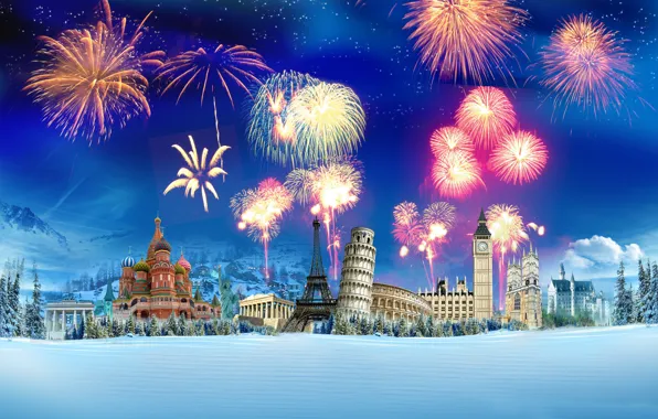 Winter, snow, Eiffel tower, salute, the Kremlin, Colosseum, tree, the leaning tower of Pisa