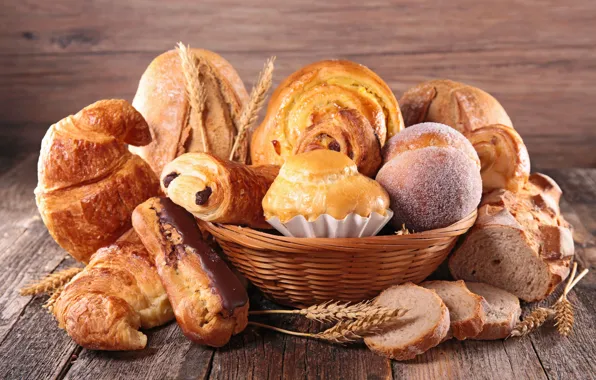 Spikelets, cakes, buns, croissant, cuts
