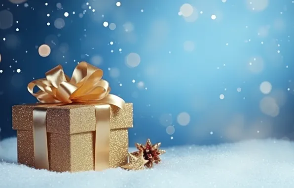 Winter, snow, box, gift, Shine, Christmas, New year, gold
