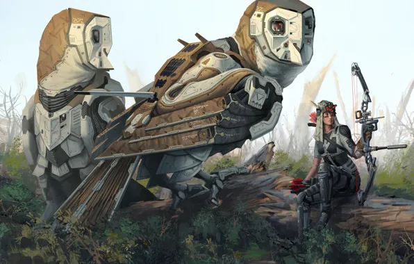 Girl, birds, robot, bow, art, owls, giant, Robert Chew