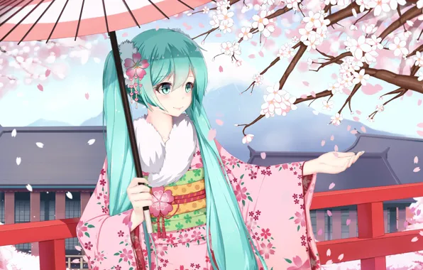 Picture girl, smile, umbrella, anime, petals, Sakura, art, kimono