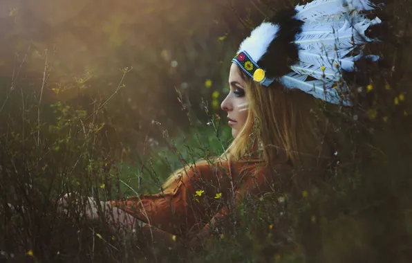 Picture grass, girl, nature, face, mood, feathers, headdress