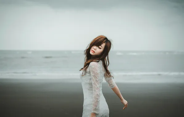 Sea, the storm, beach, girl, hair, back, hands, dress