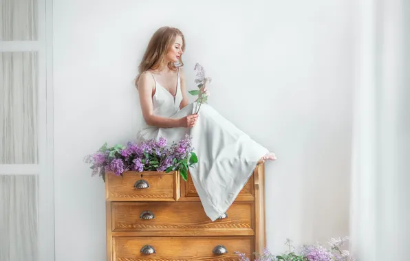 Picture girl, flowers, pose, hair, beautiful, chest, lilac, gentle