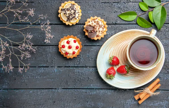 Leaves, berries, tea, Board, strawberry, the tea party, Cup, cinnamon