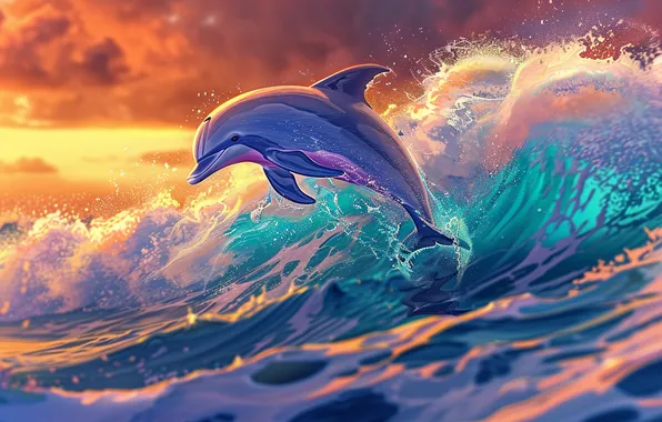 Sea, Wave, Jump, Dolphin, Dawn, Digital art, AI art, The Art of Artificial Intelligence