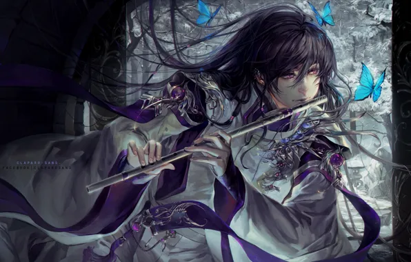 Butterfly, fantasy, art, guy, flute, Asian