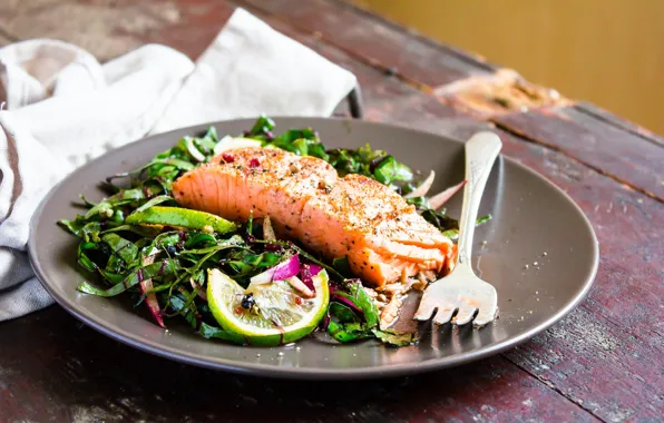 Fish, fork, salad
