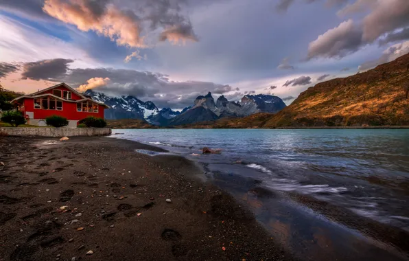 Mountains, house, pond, Andes, Patagonia