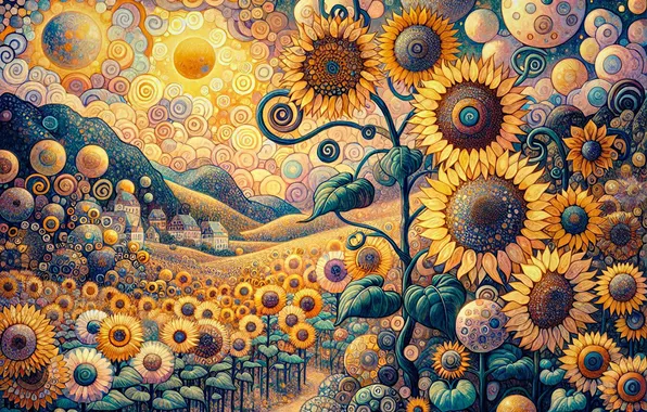 Road, field, summer, the sun, clouds, sunflowers, flowers, hills