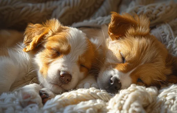 Dogs, light, sleep, puppies, a couple, sleep, two puppies, AI art