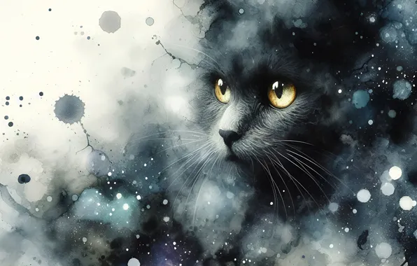 Cat, cat, look, pose, grey, paint, portrait, blots