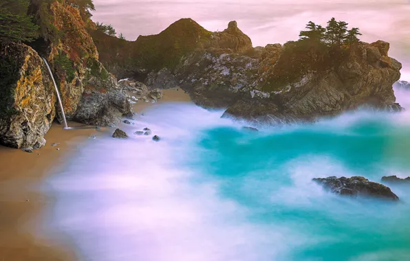 Rocks, waterfall, hdr, CA, USA, Monterey, Mac Way