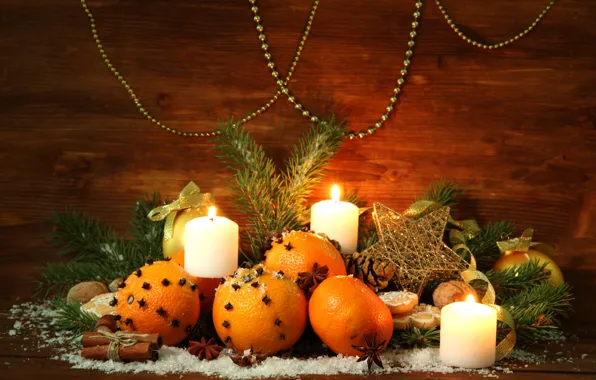 Picture decoration, tree, oranges, candles, New Year, Christmas, Christmas, decoration