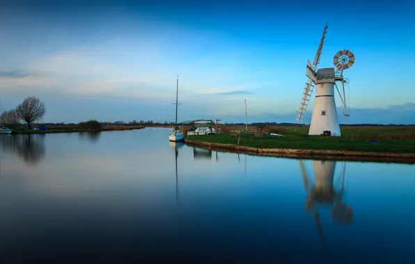 Picture the sky, boat, yacht, channel, windmill