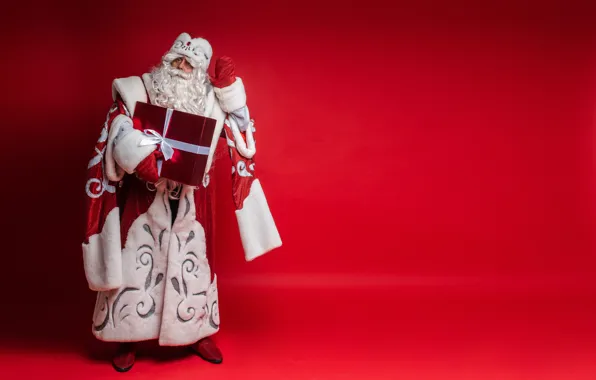 Pose, box, gift, Christmas, costume, New year, Santa Claus, bow