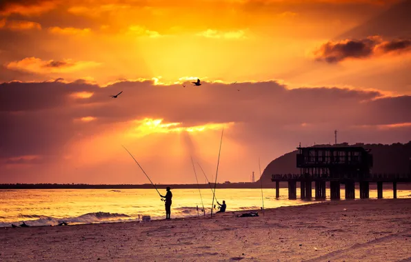 Beach, sea, sunset, pier, fishing