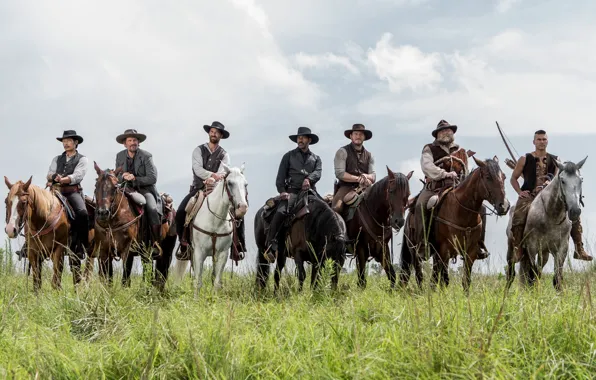 Picture field, weapons, horses, horse, riders, action, cowboys, hats