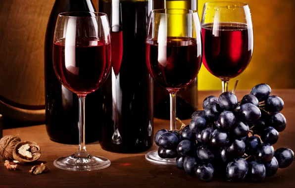 Wine, walnut, glasses, grapes, bunch, bottle, brush