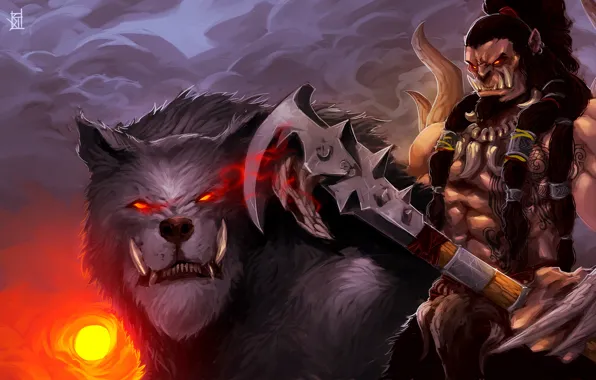 Picture wolf, art, axe, Orc, warcraft