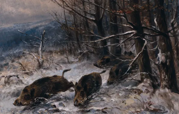 Winter, Trees, Snow, Running, Picture, German artist, Wilhelm Lorenz, Wild Boars