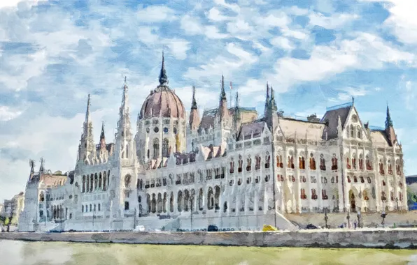 Picture the city, figure, watercolor, Parliament, Hungary, Budapest