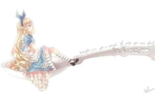Picture spoon, bow, long hair, Alice in Wonderland, apron, alice, alice in wonderland, blue dress