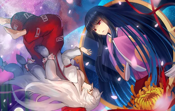 Flower, flight, girls, mirror, touhou, art, fujiwara no mokou, sougishi ego