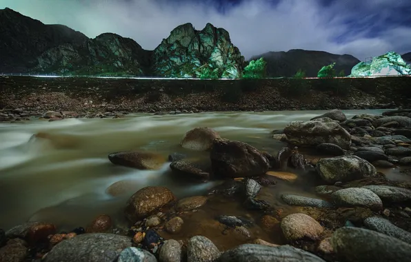 Clouds, mountains, night, river, stones, space, Night landscape, Gurinovich Dmitry