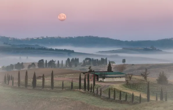 Fog, hills, the moon, field, morning, Italy, houses, Tuscany