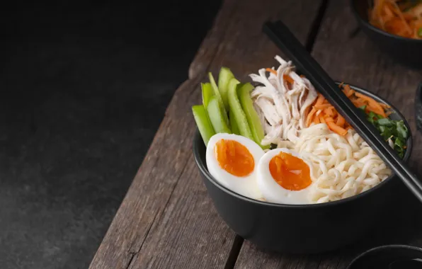 Eggs, meat, bowl, noodles
