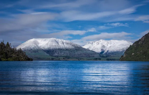 Picture sea, forest, the sky, water, clouds, snow, landscape, mountains