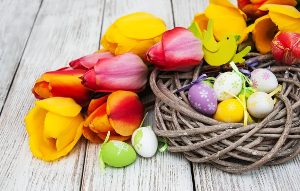 Flowers, eggs, spring, colorful, Easter, tulips, happy, yellow