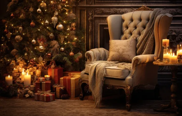 Picture room, cozy, indoor, gifts, New Year, interior, interior, fir tree