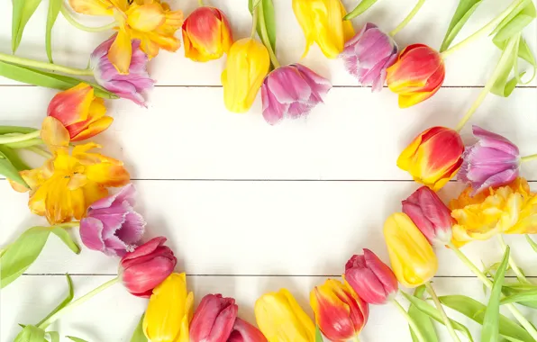 Picture flowers, bouquet, spring, colorful, tulips, fresh, wood, flowers